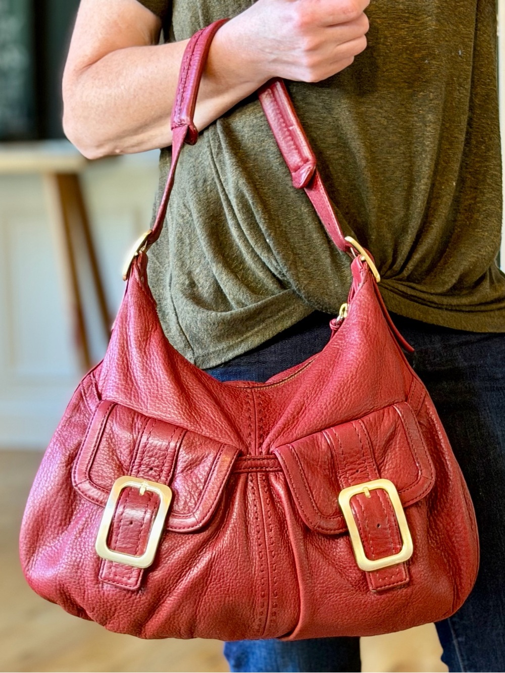 Cole Haan Boho Vintage Tomato Red Pebbled Leather Hobo Shoulder Bag